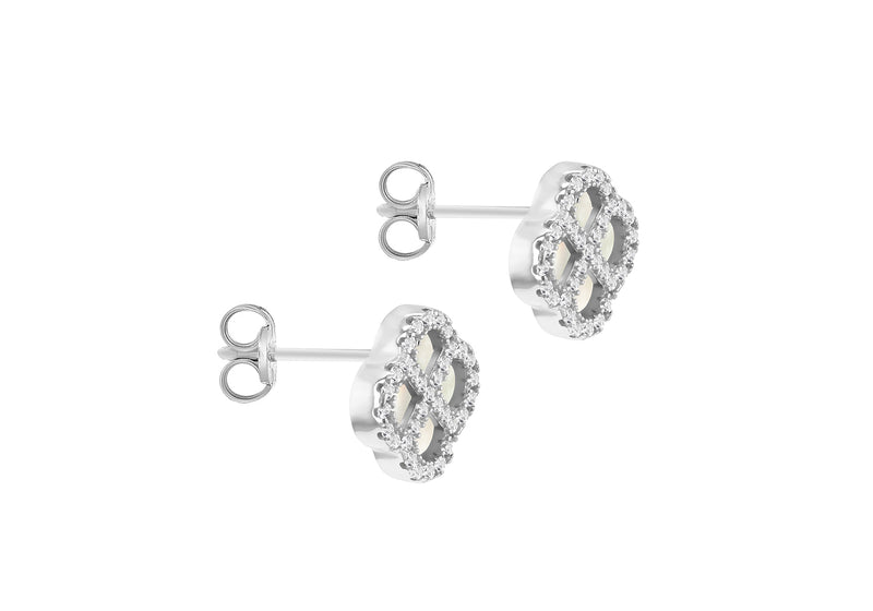 Sterling Silver Mother Of Pearl & White Zirconia Clover Stud Earrings