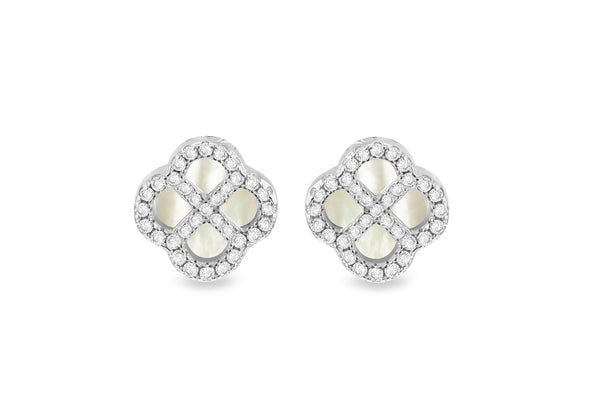 Sterling Silver Mother Of Pearl & White Zirconia Clover Stud Earrings