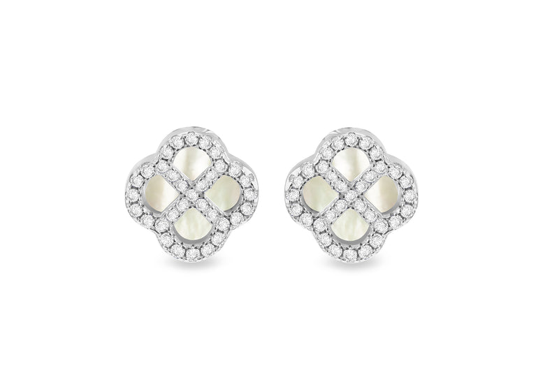 Sterling Silver Mother Of Pearl & White Zirconia Clover Stud Earrings