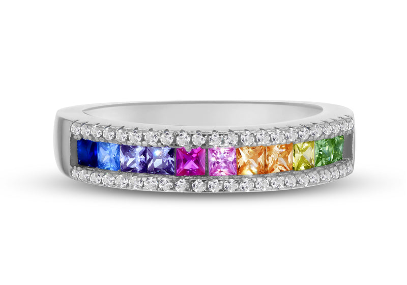 Sterling Silver White & Rainbow Zirconia Princess Ring