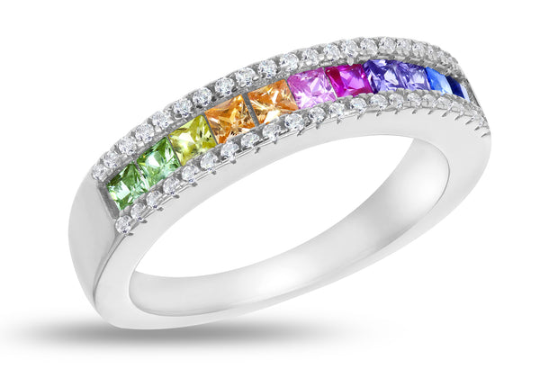 Sterling Silver White & Rainbow Zirconia Princess Ring