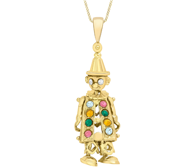 9ct Yellow Gold Multi Coloured Zirconia Moving Clown Pendant