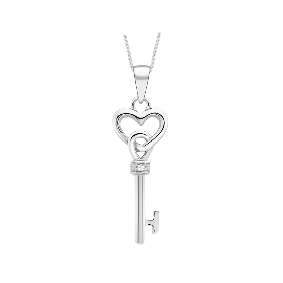 9ct White Gold 0.005ct Diamond Set Key Pendant