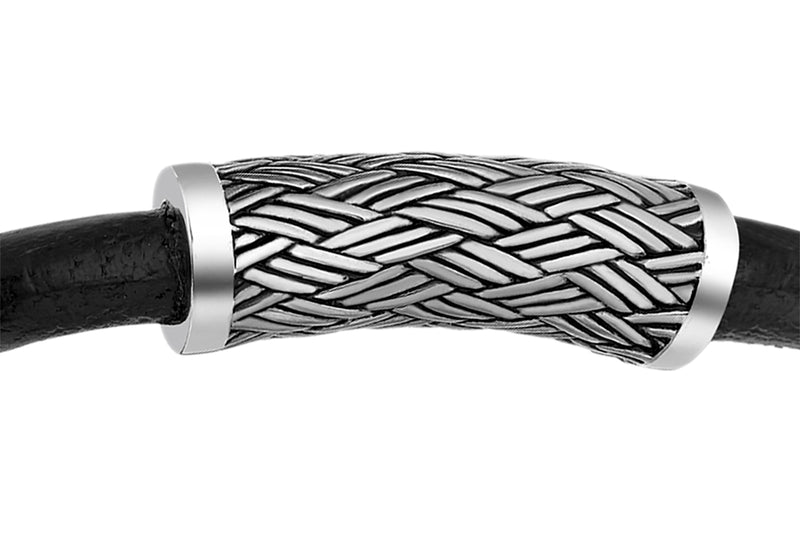 Hoxton London Men's Sterling Silver Bamboo Woven Pattern Silver and Leather Bracelet