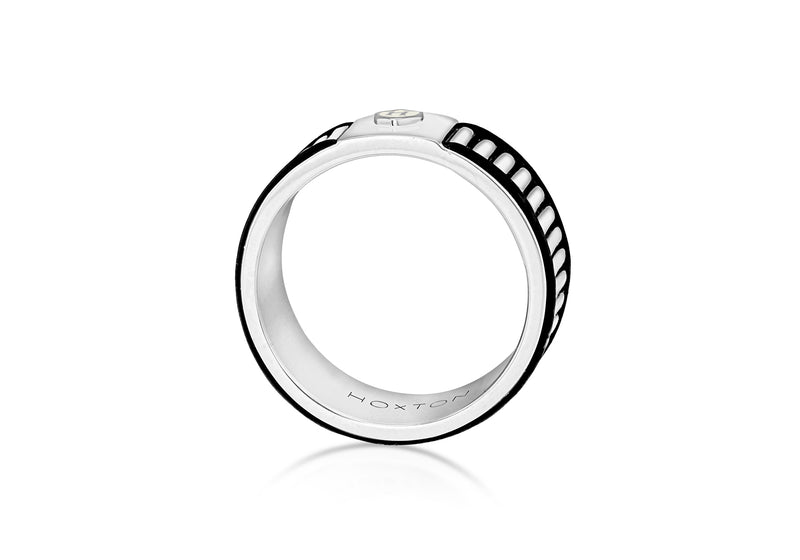 Hoxton London Men's Sterling Silver Bold Leather Ribbed Ring