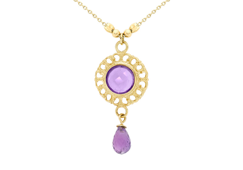 9ct Yellow Gold Amethyst Disc Drop Necklace  43m/17"9