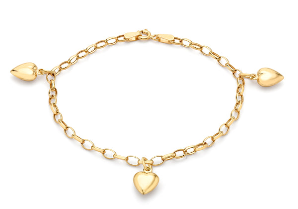 9ct Yellow Gold 3-Heart Oval Belcher  Chain Bracelet 18m/7"9