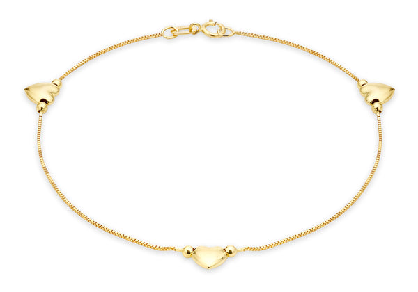 9ct Yellow Gold 3 Heart Charm Box Chain Bracelet 18m/7"9