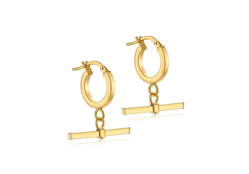 9ct Yellow Gold Square T-Bar Creole Hoop Earrings