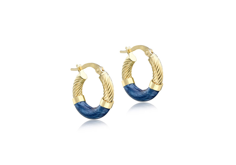 9ct Yellow Gold Blue Enamel Twisted Hoop Creole Earrings