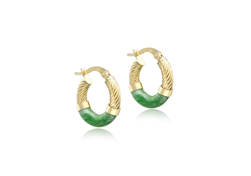 9ct Yellow Gold Green Enamel Twisted Hoop Creole Earrings