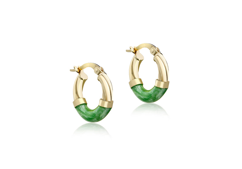 9ct Yellow Gold Green Enamel Twist Hoop Creole Earrings