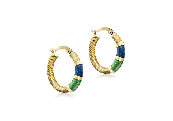 9ct Yellow Gold Blue and Green Glaze Twist Hoop Earrings