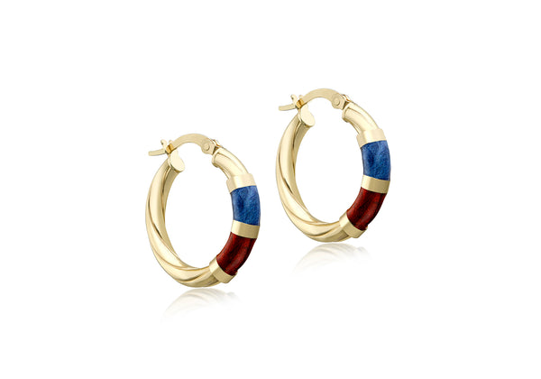 9ct Yellow Gold Blue and Red Enamel Twist Hoop Creole Earrings