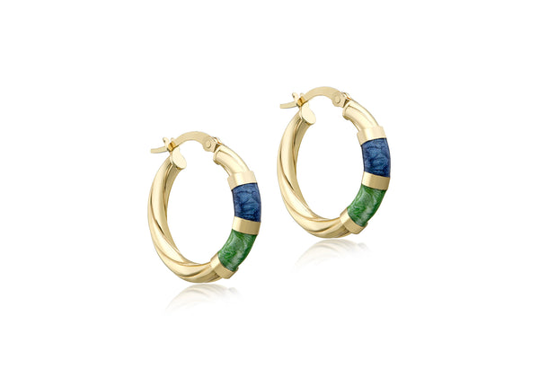 9ct Yellow Gold Blue and Green Glaze Twist Hoop Earrings