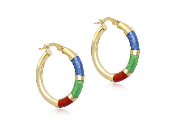 9ct Yellow Gold Triple Colour Enamel Polished Hoop Creole Earrings