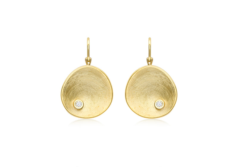 9ct Yellow Gold White Zirconia Brushed Concave Organic Disc Drop Earrings