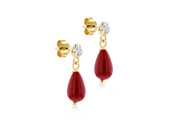 9ct Yellow Gold Red Stone and White Zirconia Drop Earrings