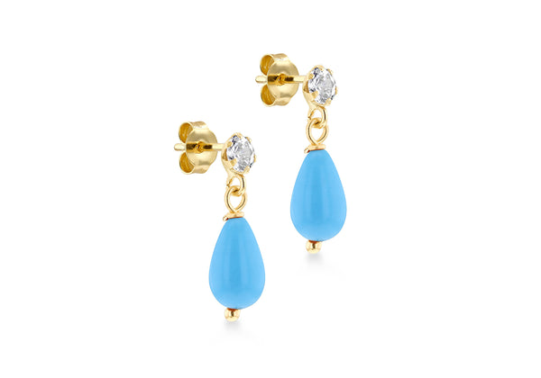 9ct Yellow Gold Blue Stone and White Zirconia Drop Earrings