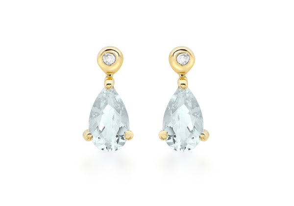 9ct Yellow Gold 0.01t Diamond and Aquamarine Pear Drop Earrings