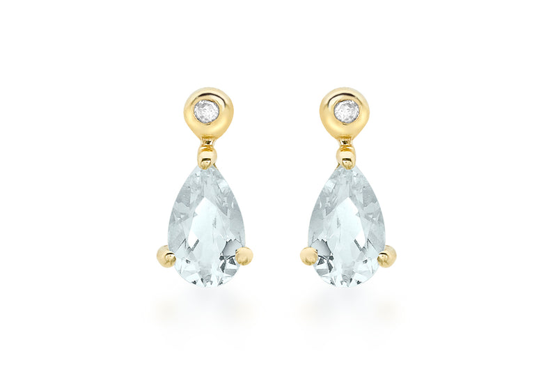 9ct Yellow Gold 0.01t Diamond and Aquamarine Pear Drop Earrings