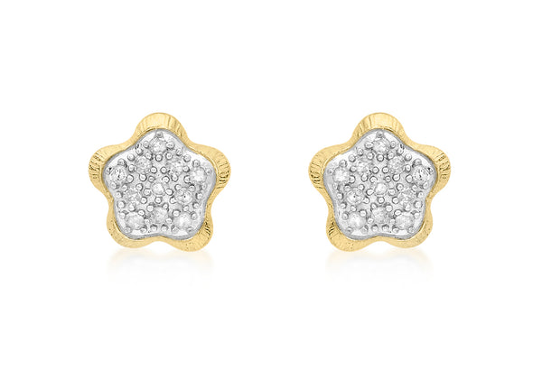 9ct Yellow Gold 0.17t Diamond Pave Set Flower Stud Earrings