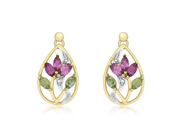 9ct Yellow Gold 0.02t Diamond and Tourmaline Lotus Drop Earrings