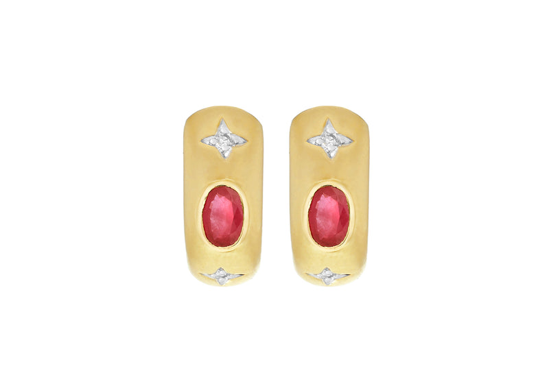 9ct Yellow Gold 0.04t Diamond and Cabochon Ruby Half-Hoop Earrings