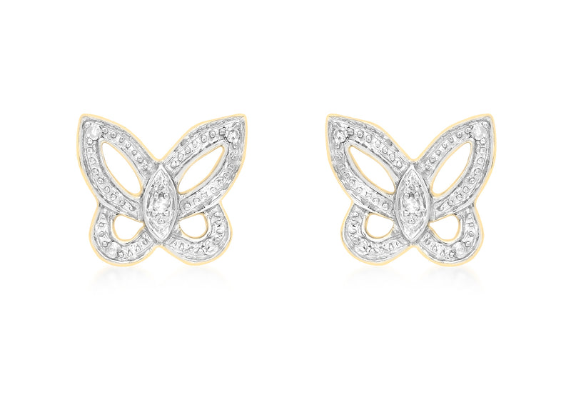 9ct Yellow Gold 0.05ct Diamond Butterfly Stud Earrings