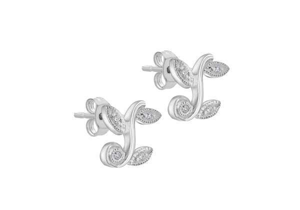 9ct White Gold 0.07ct Diamond Leaf Stud Earrings