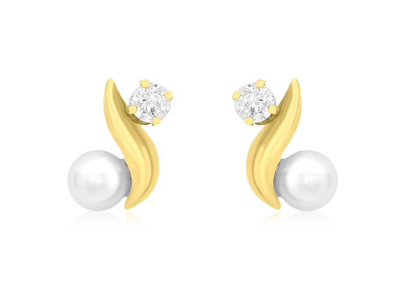 9ct Yellow Gold Zirconia  and Pearl 7mm x 10mm Kiss Stud Earrings