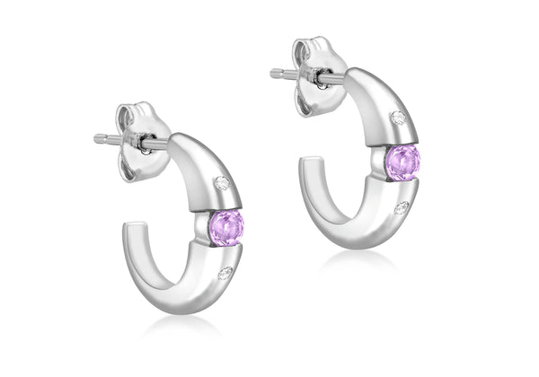 9ct White Gold 0.03t Diamond and Amethyst Half-Hoop Earrings