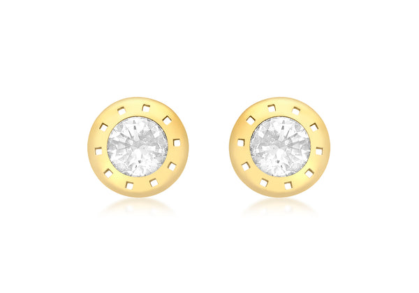 9ct Yellow Gold Zirconia  9mm Flat-Punh-Disc Stud Earrings