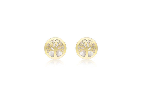 9ct Yellow Gold Mother of Pearl 8mm 'Tree of Life' Stud Earrings