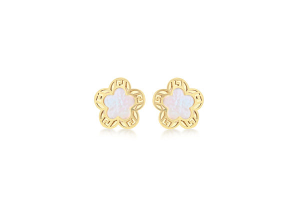 9ct Yellow Gold Mother of Pearl 8.8mm x 8.5mm Greian Key Flower Stud Earrings