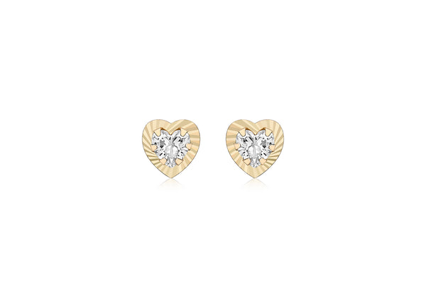 9ct Yellow Gold Zirconia  7.5mm x 7.6mm Diamond Cut Heart Stud Earrings