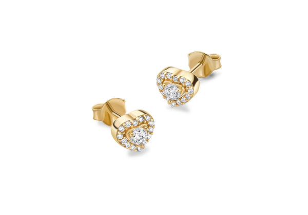 9ct Yellow Gold White Zirconia Halo Heart Stud Earrings