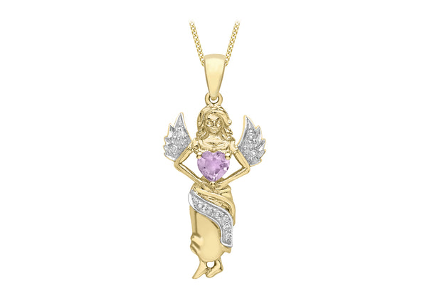 9ct Yellow Gold 0.06t Diamond and Amethyst Heart Angel Pendant