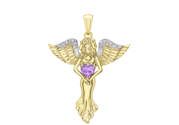 9ct Yellow Gold 0.05t Diamond and Amethyst 22mm x 29mm Heart Angel Pendant