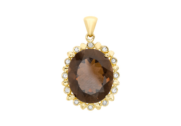 9ct Yellow Gold 0.06ct Diamond and Oval Smokey Quartz Pendant