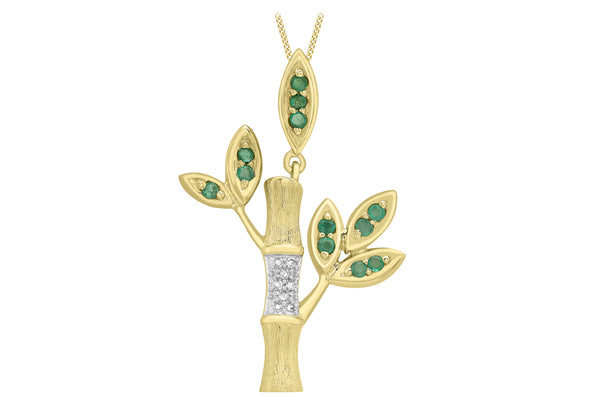 9ct Yellow Gold 0.05t Diamond and Emerald Bamboo Tree Pendant