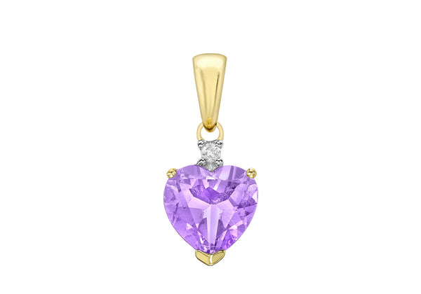 9ct Yellow Gold 0.01t Diamond and Amethyst Heart Pendant