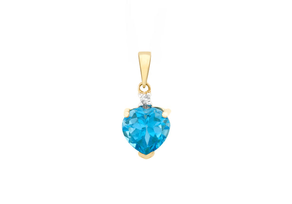 9ct Yellow Gold 0.01t Diamond and Blue Topaz Heart Pendant