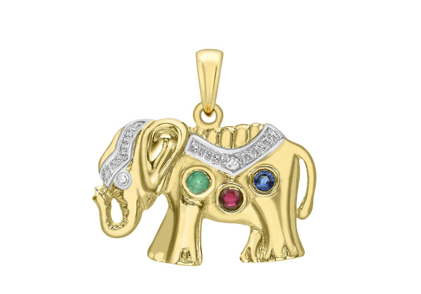 9ct Yellow Gold 0.01t Sapphire, Emerald, Ruby and Diamond Elephant Pendant