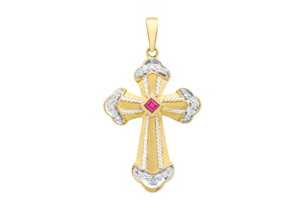 9ct Yellow Gold 0.07t Diamond and Ruby Cross Pendant