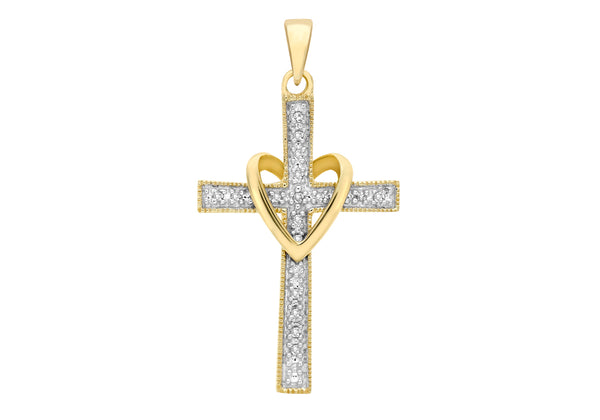 9ct Yellow Gold 0.05t Diamond and Heart Cross Pendant