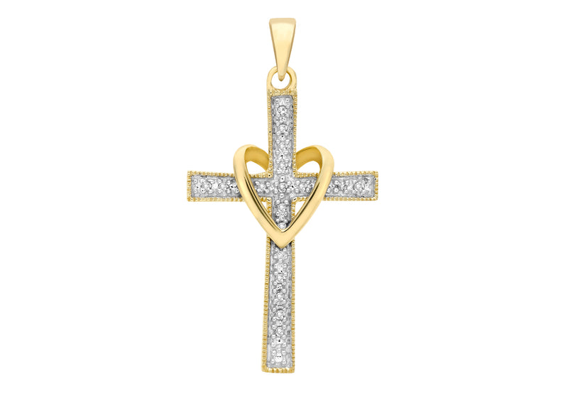 9ct Yellow Gold 0.05t Diamond and Heart Cross Pendant