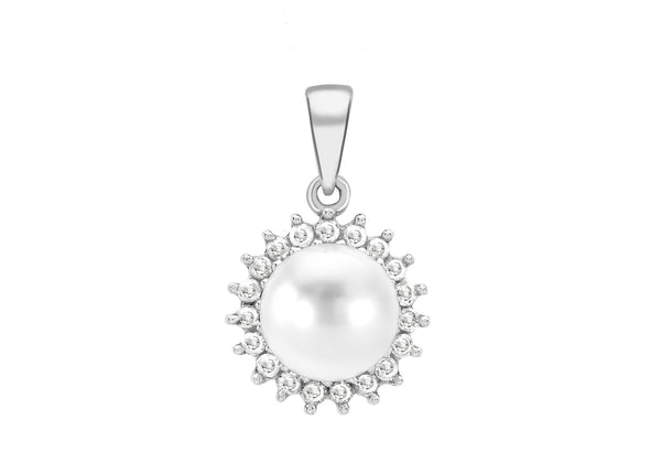 9ct White Gold 0.15t Diamond and Pearl Surround Pendant