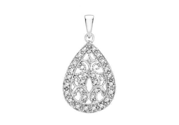 9ct White Gold 0.15t Diamond Filigree Teardrop Pendant