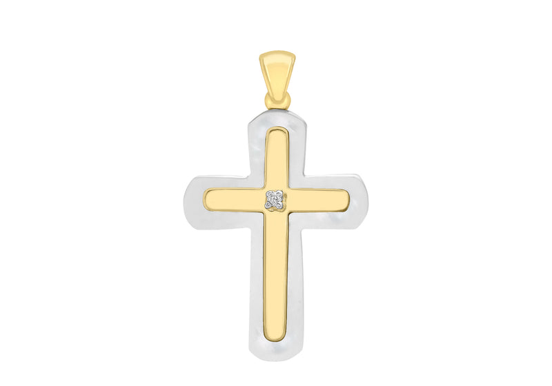 9ct Yellow Gold 0.01t Diamond and Mother of Pearl Cross Pendant